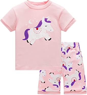 AmberEft Girls Pajamas Kids Clothes 100% Cotton Shorts PJs Summer Sleepwear 1-12 Years