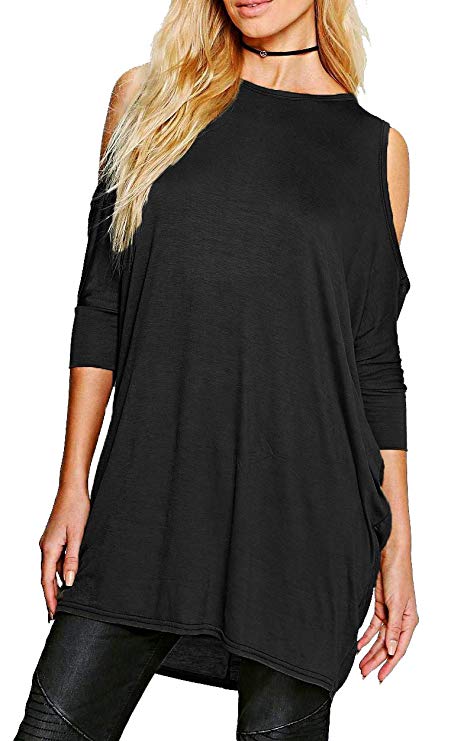 Re Tech UK Womens Ladies Cut Out Cold Shoulder Batwing Long Top Tunic Loose Baggy Oversize