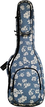 MUSIC FIRST Original Design 0.6" (15mm) Thick Padded Hawaii Style “Blue and White Plumeria” Canvas Baritone Ukulele Case, Ukulele Bag (30"~31").