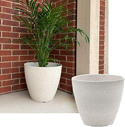 15-in. Round Faux Stone Resin Garden Potted Planter Flower Pot Indoor Outdoor, White