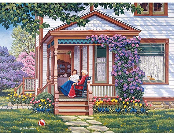 Bits and Pieces - 300 Piece Jigsaw Puzzle for Adults 18" x 24" - Sit a Spell - 300 pc Front Porch Rocking Chairs Jigsaw by Artist John Sloane