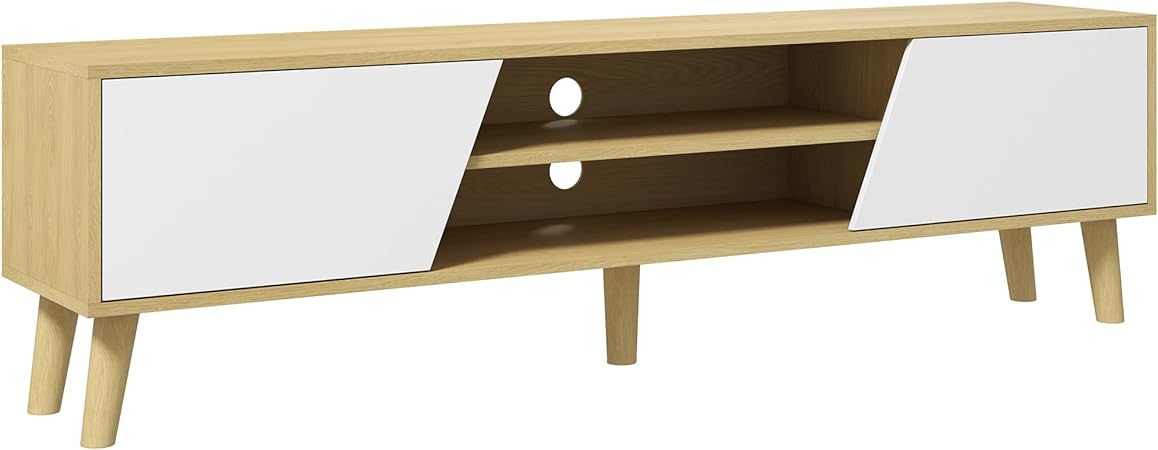 HOMCOM Meuble TV Banc TV pour télévision jusqu'à 65 Pouces Design scandinave 2 Portes 2 niches avec Passe-câbles - Aspect Bois et Blanc 150 x 30 x 42 cm