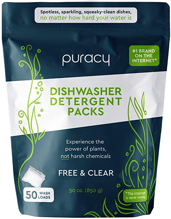 Puracy Natural Dishwasher Detergent Packs, Enzyme-powered Auto Dish Tabs, Free & Clear, 50 Count