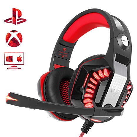 Gaming Headset for PS4 Xbox One, Beexcellent Stereo Surround Deep Bass Comfort PC Gaming Headphones with Noise Reduction Mic LED Lights Volume Control for Laptop Tablet Mac