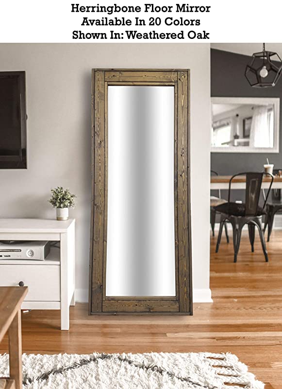 Herringbone Floor Mirror Full Length Decorative Rustic Wood Frame: Shown in Weathered Oak - Available in 20 Colors - Decor for Bedroom - Home Decor Mirror - Leaning Mirror