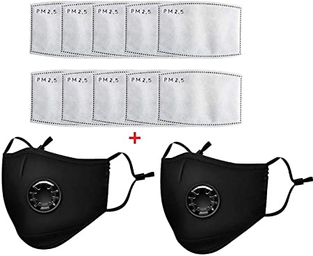 Seekay Adults Face Bandanas with Breathing valve   Activated Carbon Filter Replaceable, Haze Dust Face Health (2pcs   10 Filter, Black)
