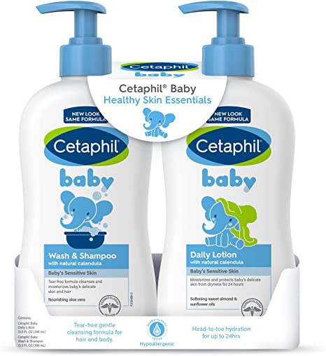 Cetaphil Baby Wash & Shampoo Plus Body Lotion, Healthy Skin Essentials, Head to Toe Hydration for up to 24 Hours, for Delicate, Sensitive Skin, 2-Pack,White