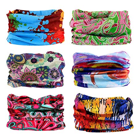 FAYBOX 6pcs Magic Wide Wicking Headbands for Men and Women Outdoor Headwear Bandana Sports Scarf Tube UV Face Mask for Workout Yoga Running