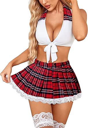 Avidlove Lingerie Set for Women Sexy Lace Two Piece Lingerie Outfits with Tie Top and Mini Pleated Skirt Set