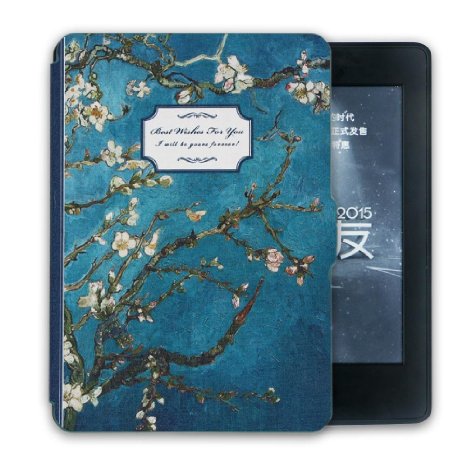 Kandouren Kindle Paperwhite Case - Van gogh Apricot blossom Art Skin,Light Slim Leather Cover with Autowake(Fit 6 inch 6th generation Amazon Kindle Paperwhite 2013 2015),green color book