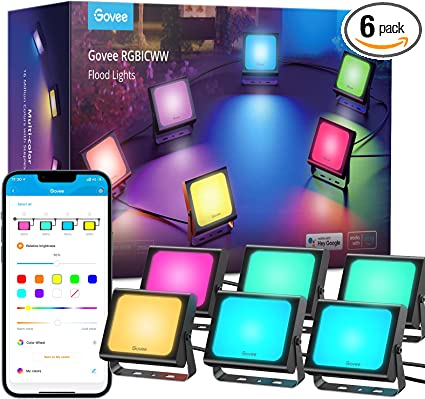 Govee Outdoor Lights RGBIC Flood Lights, LED Landscape Lighting with 28 Scene Modes and 4 Music Modes, Smart Color Changing IP66 Waterproof, App Control, Patio Lights for Garden Yards Walls, 6 Pack