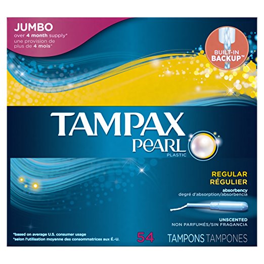 Tampax Pearl Plastic Tampons, Regular Absorbency, Unscented, 54 Count