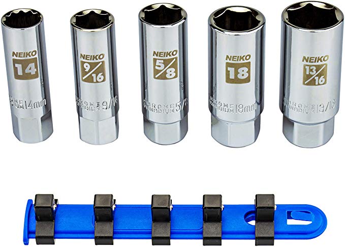NEIKO 02500A Spark Plug Socket Set | Rubber Retaining Inserts | 5 pieces | 3/8” Drive | SAE And Metric | Chrome Vanadium