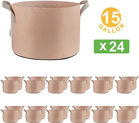 Oppolite 24-Pack 15 Gallon Tan Grow Bags Pots Heavy Duty Fabric Aeration Fabric Pots Grow Bags W/Handles (24, 15 Gallon)