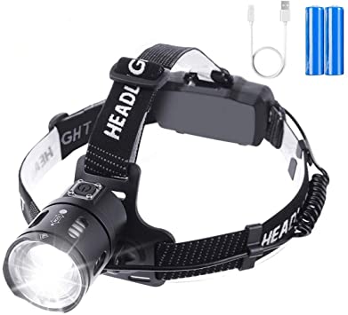 OUTERDO Zoomable LED Headlamp, Rechargeable Head Torch Ultra High Brightness with USB Rechargeable 6400mAh Batteries Waterproof LED Headlamp for Night Fishing Hunting Reading Camping Hiking