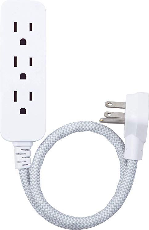 GE Designer Power Strip, 1 Ft Braided Extension, 3 Grounded Outlets, Flat Plug, Mini Cord, Premium, White, 45190