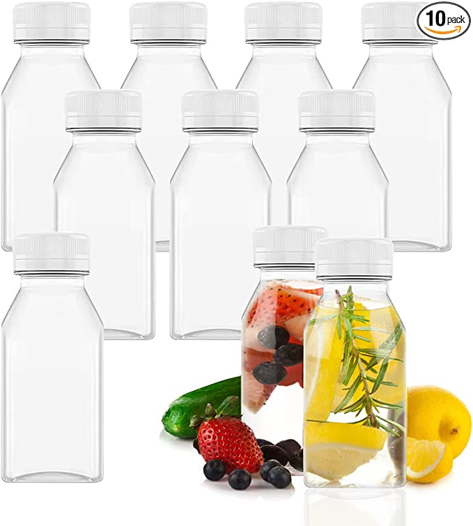 Goiio 10 Pcs 8 Ounce Plastic Juice Bottles, Clear Bulk Beverage Containers, for milkshakes Smoothies, Juice Milk and Homemade Beverages