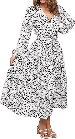 R.Vivimos Women's Fall Long Sleeve Casual Dresses Wrap V Neck Polka Dots Tiered Ruffle Flowy Midi Dress with Belt