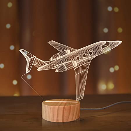 N / A Airplane Night Light 3D Illusion Lamp,Soft Warm Colors Wood Table Lamp for Boys Pilot Gifts with USB Power