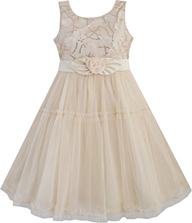 Girls Dress Shinning Sequins Beige Tulle Layers Wedding Pageant Kids Size 2-10 Years