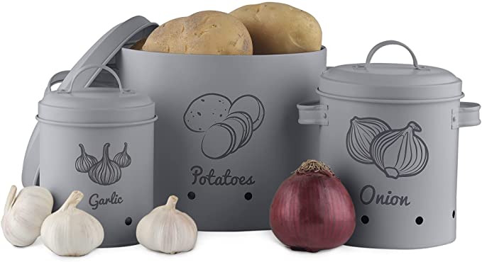 Navaris Farmhouse Kitchen Canisters (Set of 3) - Potato Onion Garlic Keeper Canister Tin Vintage Containers for Potatoes, Onions, Garlic - Dark Gray