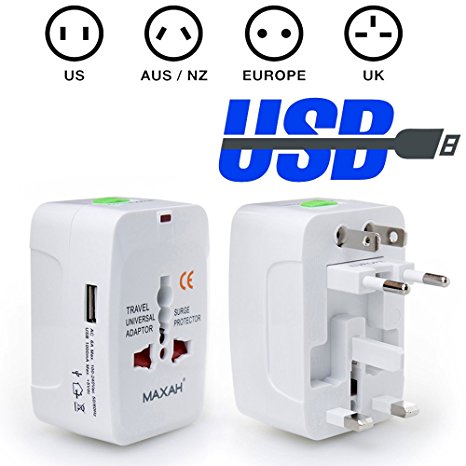 MAXAH Universal Worldwide Plug Adapter Adaptateur Prise Universel Adaptateur de Voyage with 1 USB Charging Port Travel Adapter with Built-in Surge Protector All in One Wall Charger Adaptor Adapter works in more than 150 countries including EU UK US AU