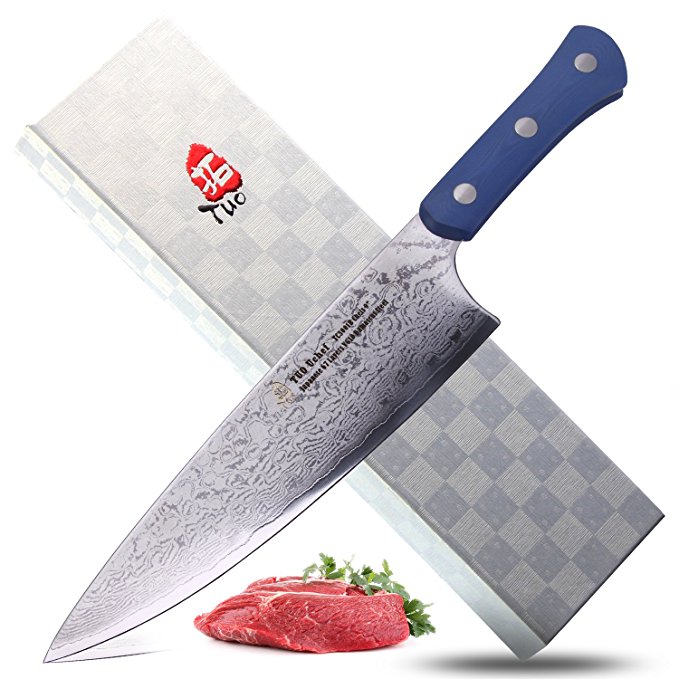 TUO Cutlery Damascus Chef's Knife 9" Blue Handle - Uchef Series Japanese 67 Layers VG-10 Damascus Steel
