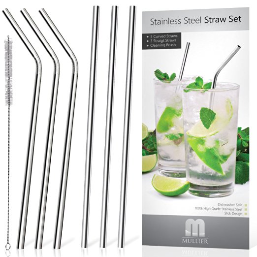 Mullier Set of 6 Stainless Steel Reusable Drinking Straws and Cleaning Brush Set