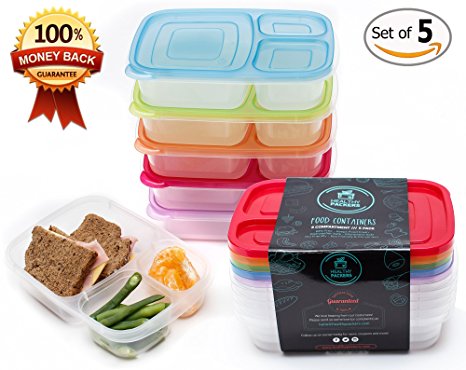 3-Compartment Premium Reusable Bento Food Prep Containers Lunch Box for Kids and Adults, Microwave and Dishwasher Safe, Multi-Colored, 5-Pack