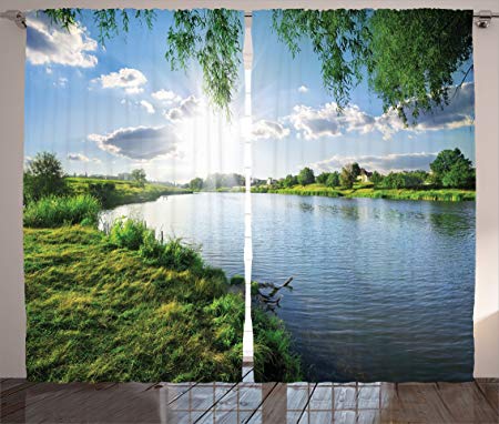 Ambesonne Blue Curtains Lake House Decor, Sunny Day on a Calm River in Summer Sunshine Greenery Grass Outdoors Clouds Print, Living Room Bedroom Curtain 2 Panels Set, 108 X 84 Inches, Blue Green