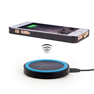 Antye QI Wireless Charger Kit for iPhone SE/5S/5 - Wireless Charging Receiver Case with Charging Pad for iPhone SE/5/5S (Ultra Slim Leather Case, Sleep-Friendly with Anti-Slip Rubber Mat) - Black/Blue