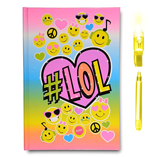 SmitCo LLC Diary Journal For Girls, Light-Up Emoji Theme Journals With 80 Blank Lined Pages And An Invisible Ink Pen With Blue Light To Keep Her Secrets And Dreams Safe, For Kids 5 Years And Over