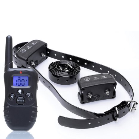 Proteove 330 Yards Remote 4 in 1 Rechargeable and Fully Waterproof Pet Dog Training Collar with 100 Levels Shock and Vibration for 2 Dogs--LCD Display Screen and Lights up Buttons ,Better for Day and Night Use