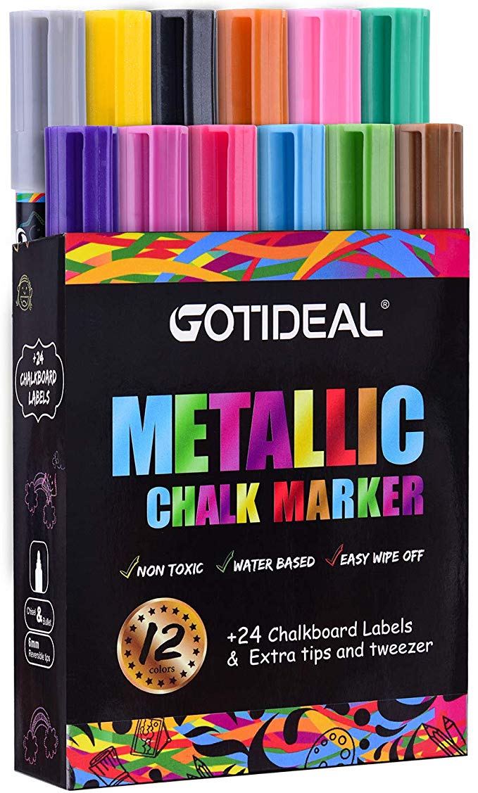 GOTIDEAL Metallic Liquid Chalk Markers, 12 Colors Premium Window Chalkboard Neon Pens, Painting and Drawing for Kids and Adults, Bistro & Restaurant, Wet Erase - Reversible Tip
