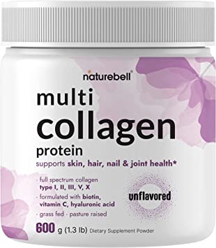 Multi Collagen Protein Powder 600g - 5 Types (I, II, III, V, X) Grass-Fed & Pasture-Raised | with Biotin 5000mcg, Vitamin C & Hyaluronic Acid | Keto, Paleo, Unflavored (54 Servings)