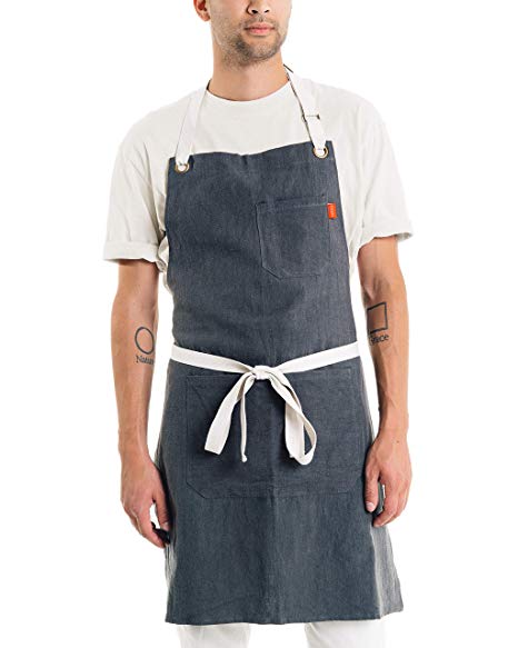 Caldo Linen Kitchen Apron - Mens and Womens Linen Bib Apron - Adjustable with Pockets (Slate)