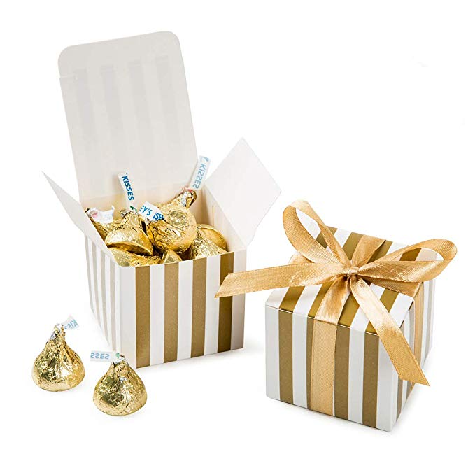 AWELL Small Candy Box Bulk 2x2x2 inch with Ribbon, Gold White Strips Box Party Favors Pack of 50