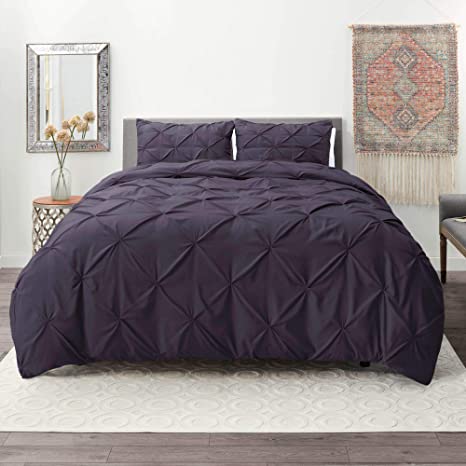 Nestl Pintuck Duvet Cover Set | Pintuck Comforter Cover | Purple Duvet Cover Queen | 3 Piece Pinch Pleat Duvet Cover | Ultra Soft Microfiber