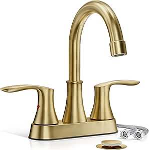 Phiestina 4 Inch 2 or 3 Hole Bathroom Sink Faucet Centerset Brushed Gold 2 Handle RV 360°Swivel Bath Vanity Faucet with Metal Pop Up Drain & cUPC Water Supply line, TY36-BG