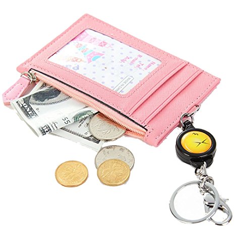 Edmen Leather Slim Credit Card Pocket with Key Ring and ID Window Purse (Pink)