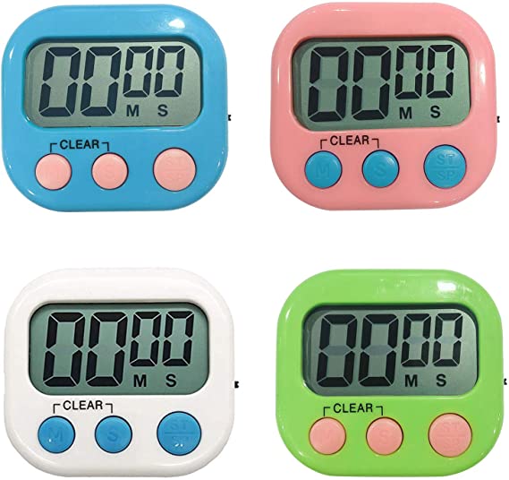 4 Pack Digital Kitchen Timer personal alarm Small Size Magnetic Back with Stand LCD Display (4 Colors)