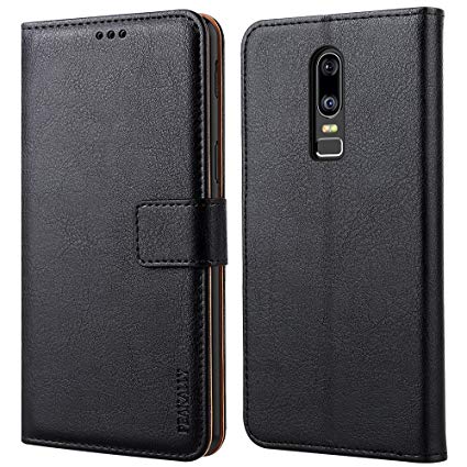 Peakally OnePlus 6 Case, Premium PU Leather Flip Wallet Case Cover for OnePlus 6 6.28" [Card Slots] [Kickstand] [Magnetic Closure]-Black