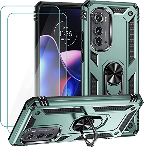 for Motorola Edge 2022 Case with 2 Pcs Tempered Glass Screen Protector, [Military Grade] 16ft. Drop Tested Protective Cover with Magnetic Kickstand Car Mount for Motorola Moto Edge 2022, Dark Green