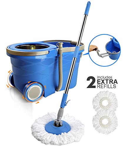 Masthome Household Floor Mop Stainless Steel Deluxe Rolling 360 Spin Mop with Wringer,3 Microfiber Mop Heads,12L