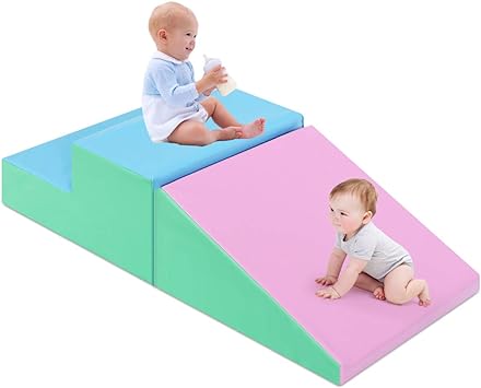 COSTWAY Toddler Climb and Crawl Foam Play Set, Children's Stairs and Ramp Software Activity Toys, Baby Soft Play Equipment for Climbing, Sliding, Crawling (Pink Green)