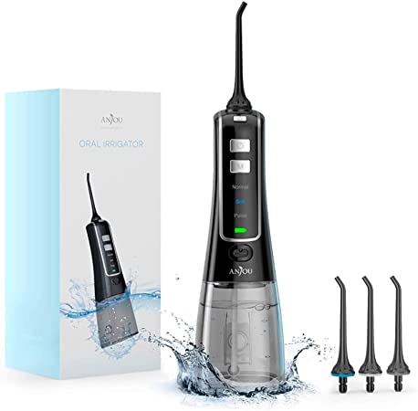 Water Flosser for Teeth, Anjou Water Flossers 300ML Portable Oral Irrigator Cordless Water Pick Teeth Cleaner, 3 Modes and 4 Jet Tips, IPX7 Waterproof, USB Rechargeable for Travel Office, Black