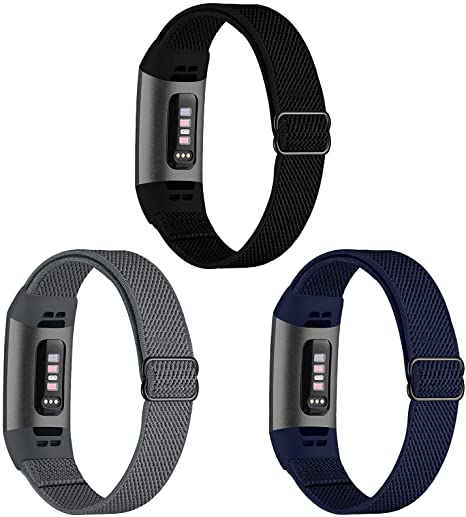 GBPOOT 3 Pack Elastic Nylon Bands Compatible with Fitbit Charge 4/Charge 3/SE, Adjustable Stretchy Breathable Fabric Sport Replacement Wristband for Women Men,Pure Black/Navy Blue/Dark Grey