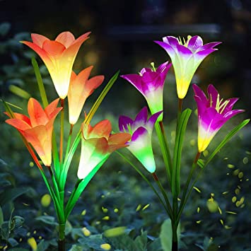 Aogist Outdoor Solar Garden Stake Lights - 2 Pack Solar Powered Lights with 8 Lily Flower, Multi-Color Changing LED Solar Decorative Lights for Garden, Patio, Backyard (Purple and Red)