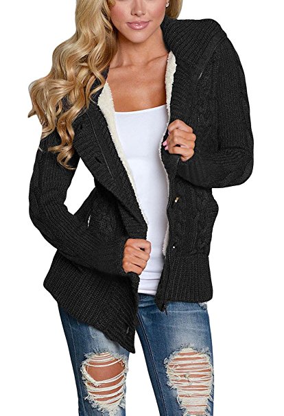 Annflat Women's Hooded Cable Knit Button Down Cardigan Fleece Sweater Coat