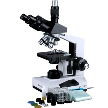 AmScope T490B Compound Trinocular Microscope WF10x and WF20x Eyepieces 40X-2000X Magnification Brightfield Halogen Illumination Abbe Condenser Double-Layer Mechanical Stage Sliding Head High-Resolution Optics 110V